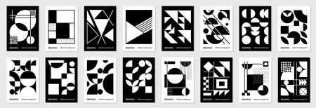 Set of 16 minimal vintage 20s geometric design posters, wall art, template, layout with primitive shapes. Bauhaus retro pattern background, vector abstract circle, triangle and square line artのイラスト素材