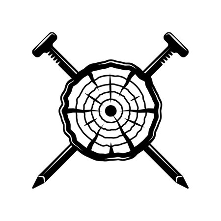 Vintage carpentry woodword mechanic nail wood cross. Can be used like emblem, logo, badge, label. mark, poster or print. Monochrome Graphic Art. vector illustration.のイラスト素材