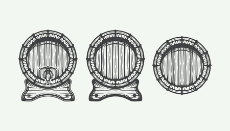 Set of vintage retro woodcut set of engraving beer wooden barrels. Can be used like emblem, logo, badge, label. mark, poster or print. Monochrome Graphic Art. vectorのイラスト素材