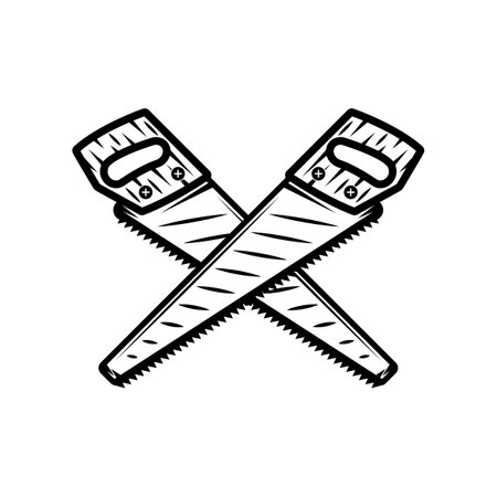 Vintage carpentry woodword mechanic long saw cross. Can be used like emblem, logo, badge, label. mark, poster or print. Monochrome Graphic Art. vector illustration.のイラスト素材