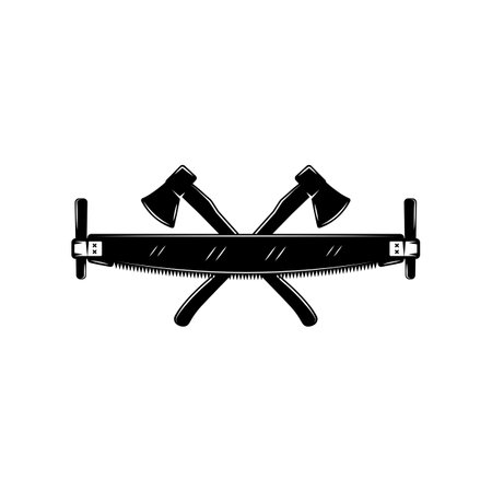 Vintage carpentry woodword mechanic axes and saw cross. Can be used like emblem, logo, badge, label. mark, poster or print. Monochrome Graphic Art. vector illustration.のイラスト素材