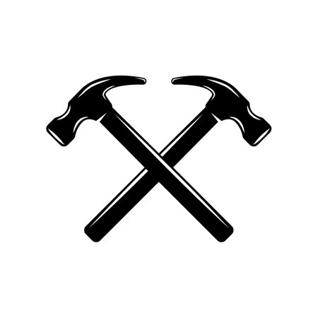Vintage carpentry woodword mechanic hammer cross. Can be used like emblem, logo, badge, label. mark, poster or print. Monochrome Graphic Art. vector illustration.のイラスト素材