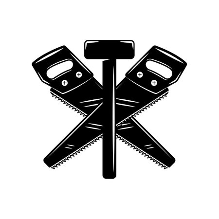 Vintage carpentry woodword mechanic long saw big hammer cross. Can be used like emblem, logo, badge, label. mark, poster or print. Monochrome Graphic Art. vector illustration.のイラスト素材