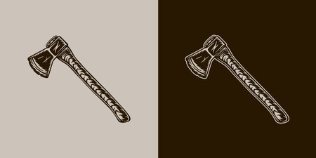 Vintage retro camping adventure travel outdoor element. Forest carpentry axe.. Can be used for emblem, logo, badge, label. mark, poster or print. Monochrome Graphic Art. Vector Illustration.のイラスト素材