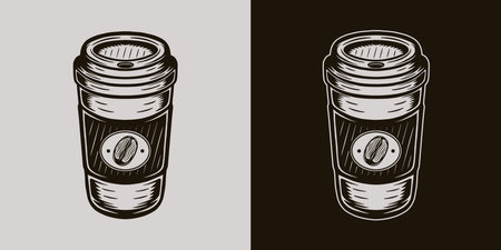 Vintage coffee brew element. Coffee cup take away. Can be used like emblem, logo, badge, label or mark. Also can be used like poster or print. Monochrome Graphic Art. Vector Illustration.のイラスト素材