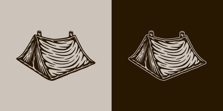 Vintage retro camping adventure travel outdoor element. Tent. Can be used for emblem, logo, badge, label. mark, poster or print. Monochrome Graphic Art. Vector Illustration. Engraving style.のイラスト素材