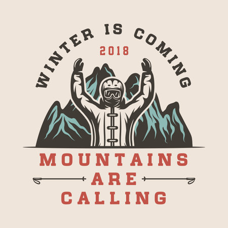 Vintage retro winter sport ski snowboard or adventure emblem, logo, badge, label. mark, poster or print. Monochrome Graphic Art. Vector Illustration. Engraving woodcut style.のイラスト素材