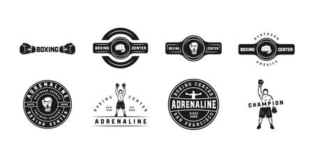 Boxing and martial arts logo badges and labels in vintage style. Motivational posters with inspirational quotes. Vector illustrationのイラスト素材