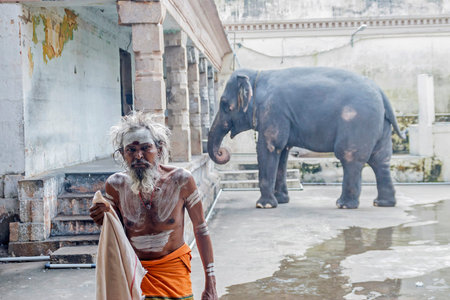 KUMBAKONAM, INDIA - September 4, 2018 : Pilgrim in the temple on the background of the sacred...