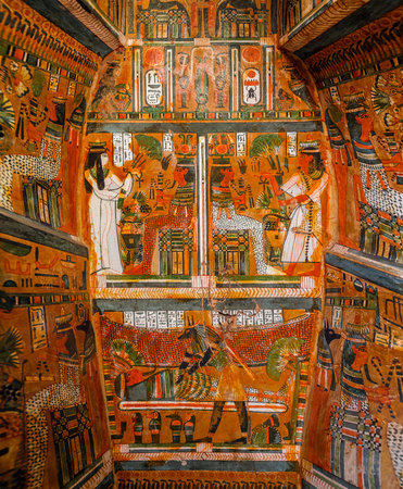 Cairo Egypt December 5, 2018: Color drawings based on the mythology of ancient Egypt inside the...