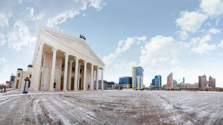 Nur-Sultan, Kazakhstan - January 7, 2020 - Recently built building of the Astana Opera House in Nur-Sultan. View from the square and the panorama of the city.のeditorial素材