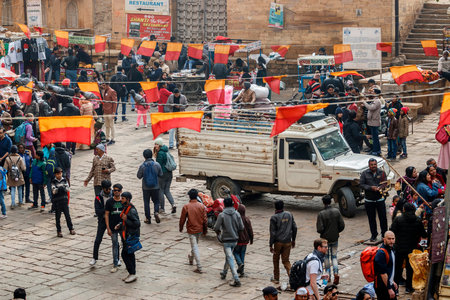 Jaisalmer, Rajasthan, India, Jan 14 2020: Tourists walk near the fort. Jaisalmer Fort also known as...