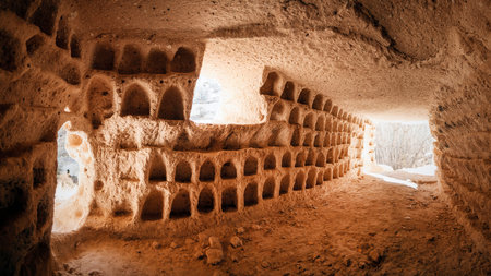 Rooms with holes for pigeons of the town of Ortahisar in the rock formations from the castle of...