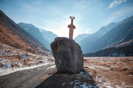"Scythian akinak" is installed in the valley of the Midagrabin waterfalls. North Ossetia, Russia. The Scythian akinak is the traditional weapon of the Scythians.の写真素材