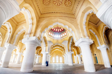 MADURAI, TAMIL NADU, INDIA - OCTOBER 15, 2018: Wide view of an ancient Thirumalai Nayak Palace, sculptures and pillars, Madurai, Tamil nadu, India.のeditorial素材