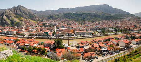 Amasya city view Turkey. Beautiful river landscape and city between mountains.の写真素材