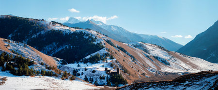 Beautiful winter landscape with aerial panorama in the Caucasus mountains, Republic of Ingushetia, Russiaの写真素材