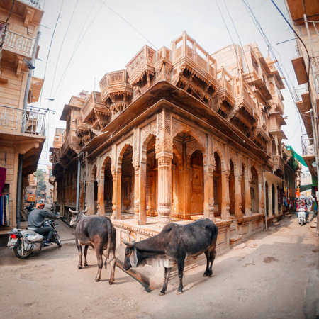 Jaisalmer, January 2020: An interesting stone house with graceful figured balconies, on an old...