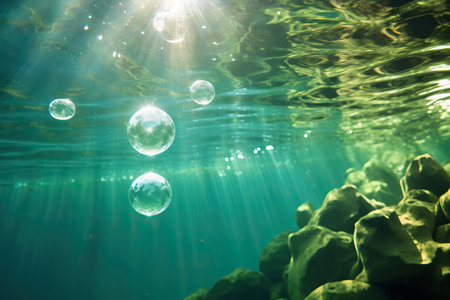 Bubbles and bokeh underwater in clear green oceanの素材