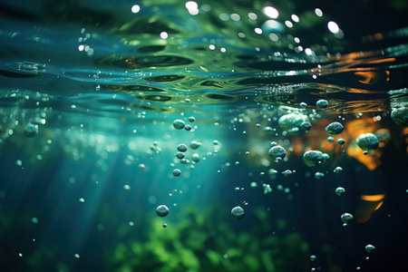 Bubbles and bokeh underwater in clear green oceanの素材