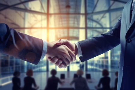 business people shaking hands against blue background, in the style of ferrania p30, photo-realistic compositions, textural richness, ominous vibeの素材