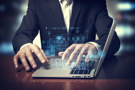 businessman hand working with new modern computer and business strategy as concept.の素材