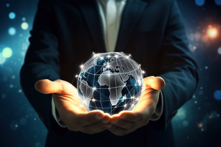Businessman touching global network and data exchanges over the world 3D renderingの素材
