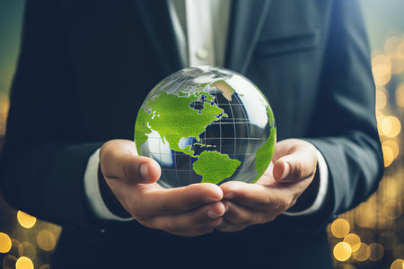 Businessmen holding world to Organization Sustainable development environmental. Sustainable business or green company Concept. business responsible environmental, social and governance.の素材