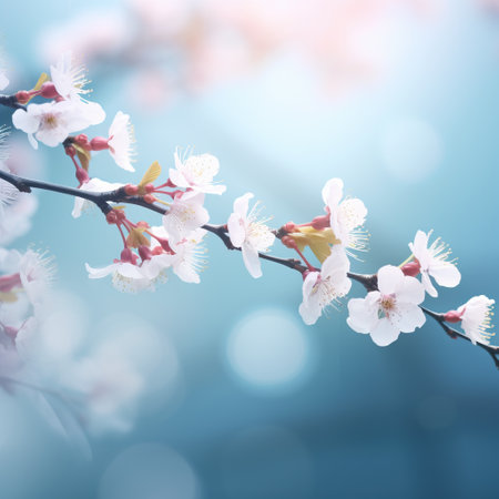 Beautiful floral spring abstract background of nature. Branches of blossoming apricot macro with soft focus on gentle light blue sky background.の素材