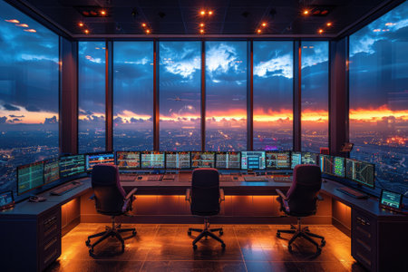 A team of air traffic controllers from various backgrounds collaborates in a state-of-the-art control tower. Walls of digital displays track incoming and outgoing flights, guiding every movement with precision.の素材