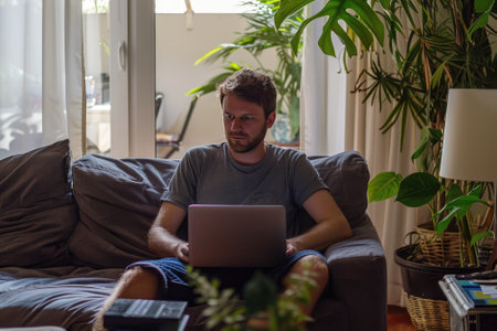 Handsome Caucasian Man Working on Laptop Computer while Sitting on a Sofa Couch in Stylish Cozy Living Room. Freelancer Working From Home. Browsing Internet, Using Social Networks, Having Fun.の素材