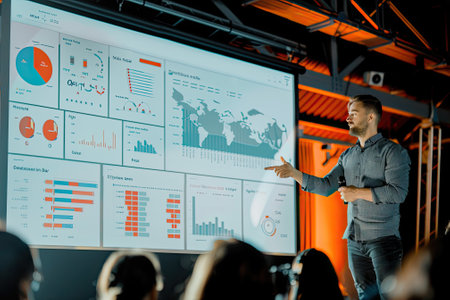 On Stage, Successful male CEO and Male COO Speakers Present Company's New Product, Show Infographics, Statistics on Big Screen, Talk About Growth. Live Event, Tech Startup, Business Conferenceの素材