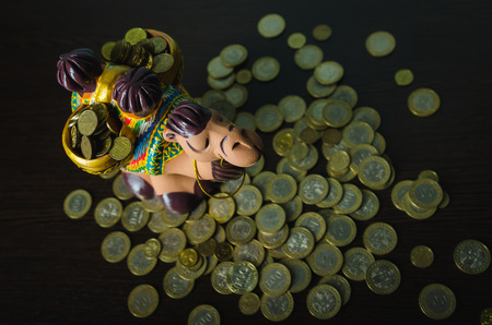 saving the money in to the coin bank. money box camelの写真素材