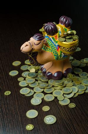 saving the money in to the coin bank. money box camelの写真素材