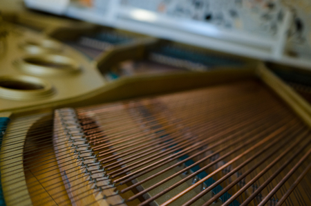 Close up image of interior of grand piano showing strings and structureの写真素材