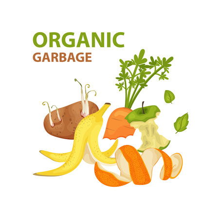 Cartoon organic garbage. Illustration for organic waste, zero waste theme and modern environmental problem.のイラスト素材