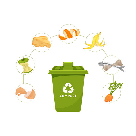 Trash bin  with food garbage. Environmentally friendly food. Cartoon leftovers. Illustration for food processing and compost, organic waste, zero waste theme.のイラスト素材