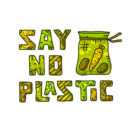 Rectangular illustration Say no plastic. Color text and bag with food. Doodle cartoon lettering,...