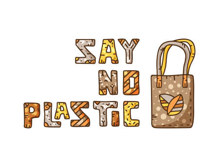 Color phare for eco theme. Say no plastic. Cartoon vector lettering with bag for green shopping. Motivation to save the planetのイラスト素材