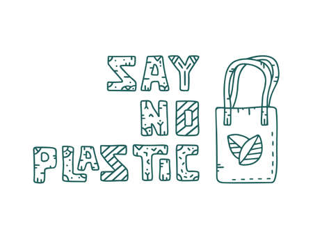 Say no plastic. Monochrome line art. Hand drawn vector design, phrase with shopping bag. Illustration for poster and bannerのイラスト素材