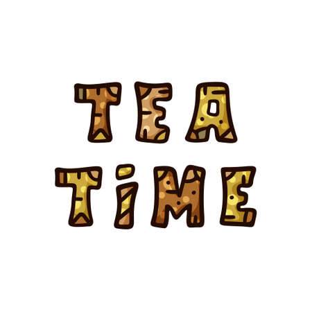 Tea time doodle lettering. Hand drawn vector quote in cartoon style. Tea doodling poster. Funny cute print for t-shirt and sweatshirt. Color graphic image for tea partyのイラスト素材