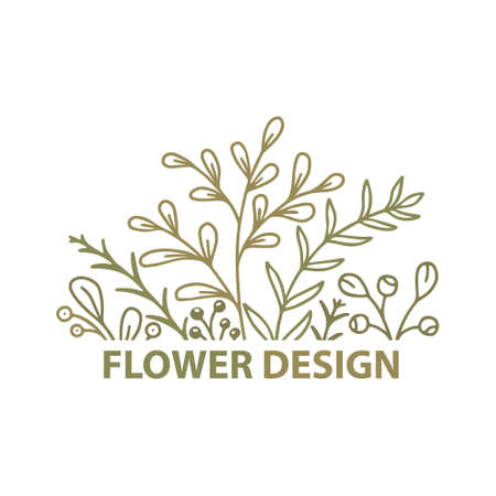 Abstract natural banner isolated on white background. Plant leaves, herbs and flowers. Floral decorative elements. Hand drawn vector botanical design. Contour illustrationのイラスト素材