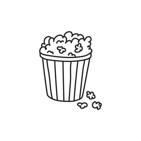 Contour popcorn icon. Hand drawn cartoon illustration of food in cinema. American symbol of snack in doodle style. Large paper cup striped to the top filled with ready-made corn kernelsのイラスト素材