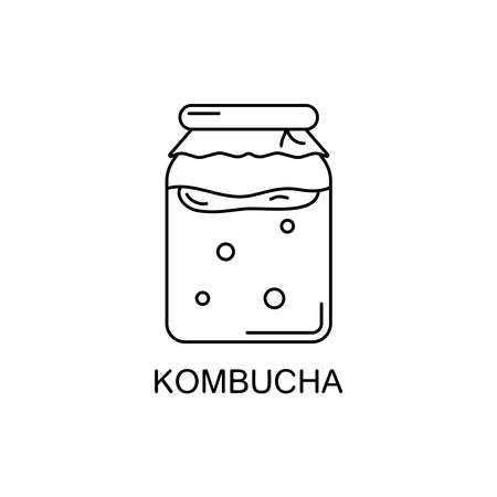 Kombucha line art icon. Vector illustration of glass jar with fermented tea, chinese mushroom and bubbles. Symbol of detox diet and healthy lifestyle. Outline minimalistic designのイラスト素材