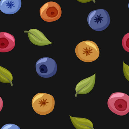 Color seamless vector pattern. Garden berries on black background. Flat food illustration. Cartoon hand drawn blueberries, cranberries, currants and leaf of mint for textile, paper, packagingのイラスト素材