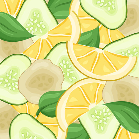 Color food vector background. Hand drawn pattern with slice of cucumber, lemon, ginger and mint. Saturated square backdrop with overlap vegetables and fruit. Flat cartoon illustrationのイラスト素材