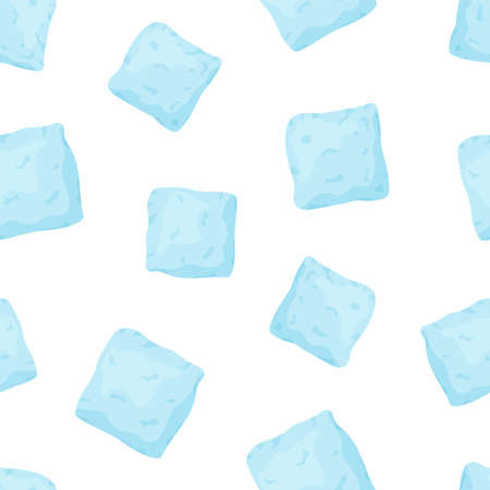Seamless food vector pattern. Cartoon hand drawn ice cubes on white background. Flat illustration for textile, wallpaper, wrapping paper, cosmetics, pack for face masks. Color symbol of frozen waterのイラスト素材