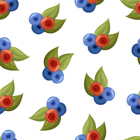 Seamless food vector pattern. Cartoon hand drawn garden berries with leaves on white background. Flat illustration for textile, wallpaper, wrapping paper, cosmetics. Color blueberry, cranberry, mintのイラスト素材