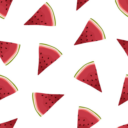 Seamless food vector pattern. Cartoon hand drawn watermelon on white background. Flat illustration...