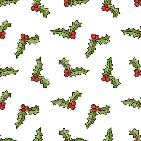 Seamless Christmas vector pattern. Cartoon hand drawn holly berry on white background. Doodle flat illustration for textile, wallpaper, wrapping paper. Colored holiday symbolのイラスト素材
